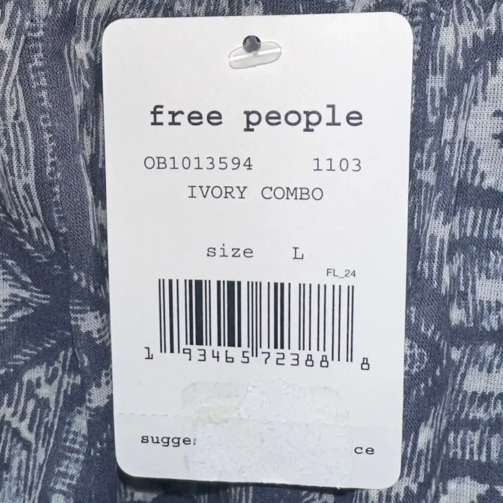 NWT Free People Mostly Meadow Blue Ivory Long Puff Sleeve Square Neck Top Size L